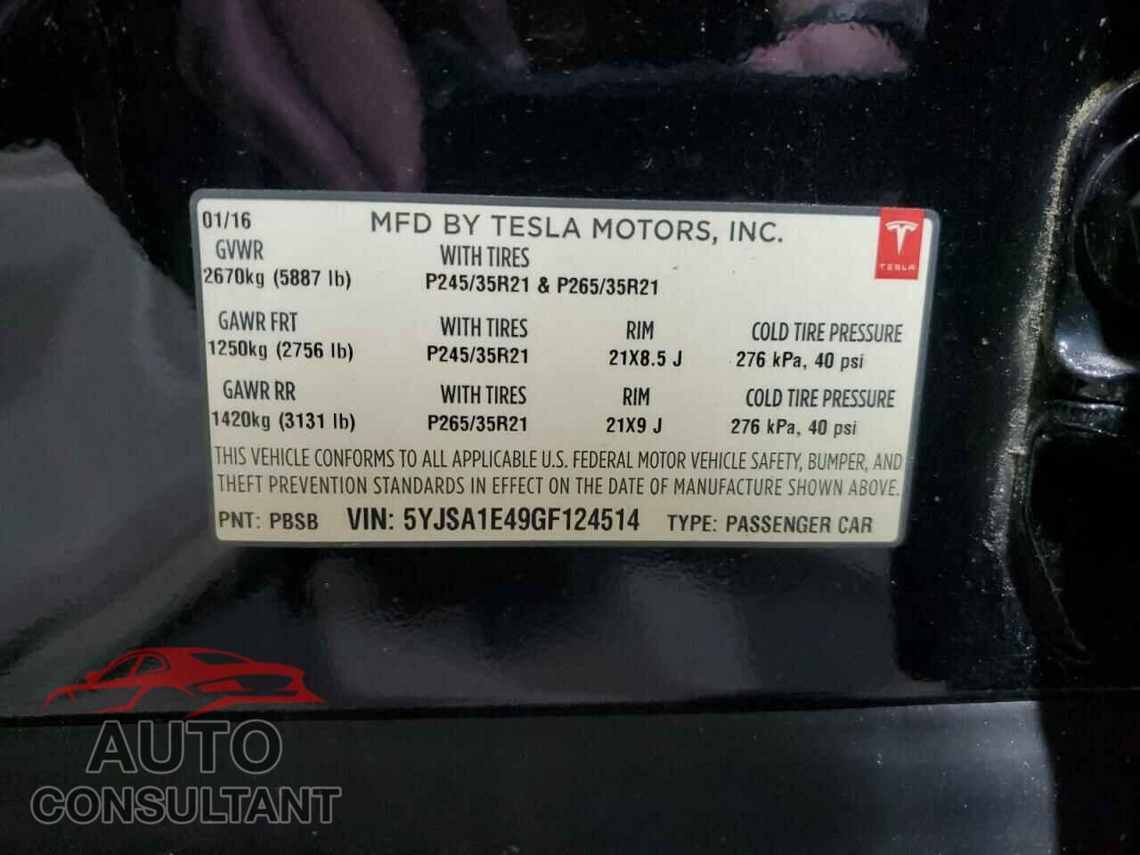 TESLA MODEL S 2016 - 5YJSA1E49GF124514