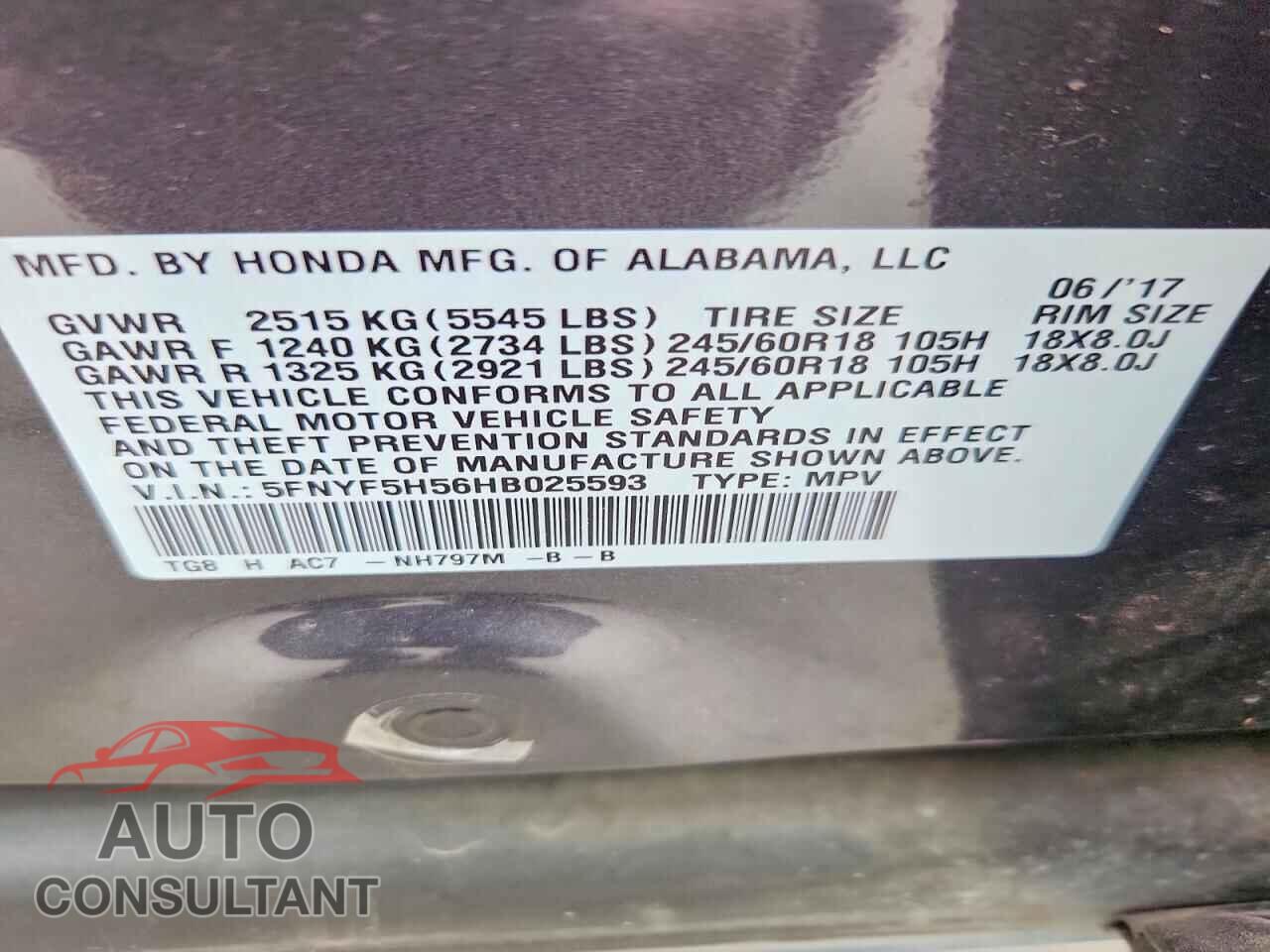 HONDA PILOT 2017 - 5FNYF5H56HB025593