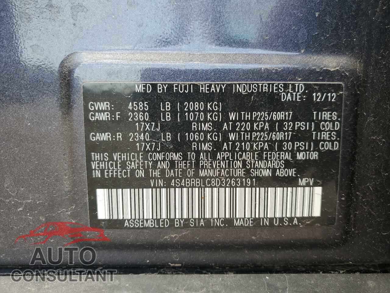 SUBARU OUTBACK 2013 - 4S4BRBLC8D3263191