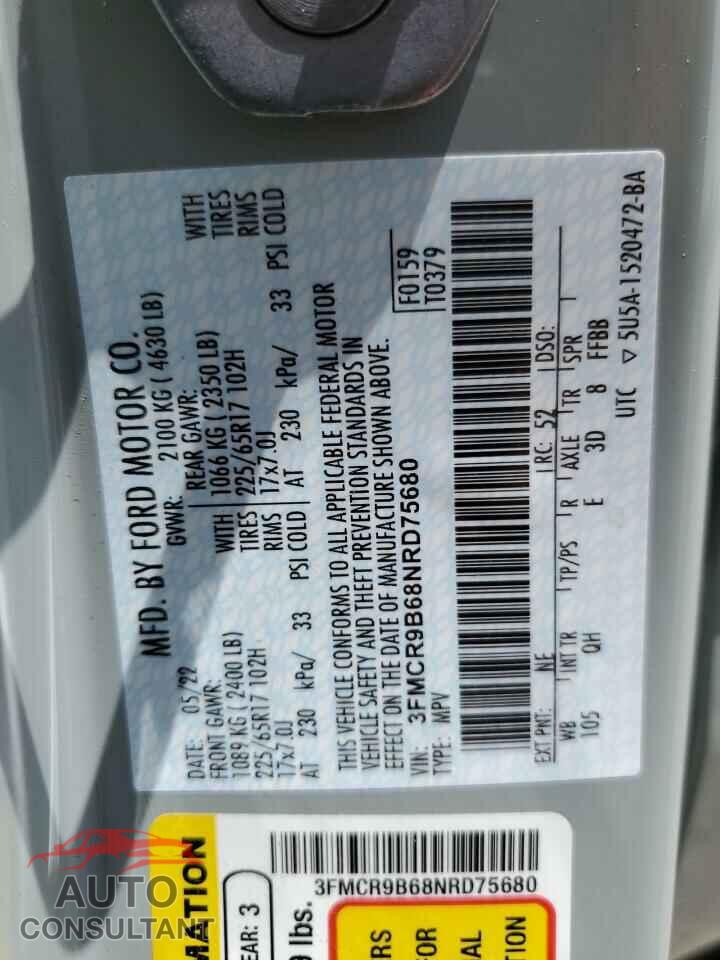 FORD BRONCO 2022 - 3FMCR9B68NRD75680