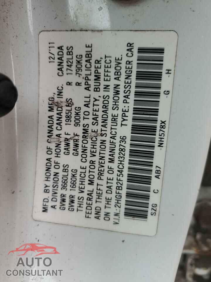 HONDA CIVIC 2012 - 2HGFB2F54CH328736