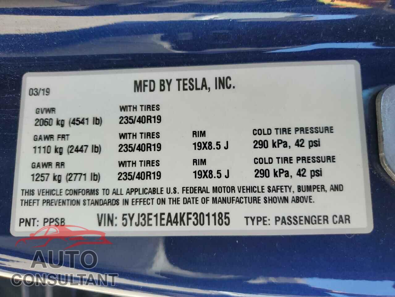TESLA MODEL 3 2019 - 5YJ3E1EA4KF301185