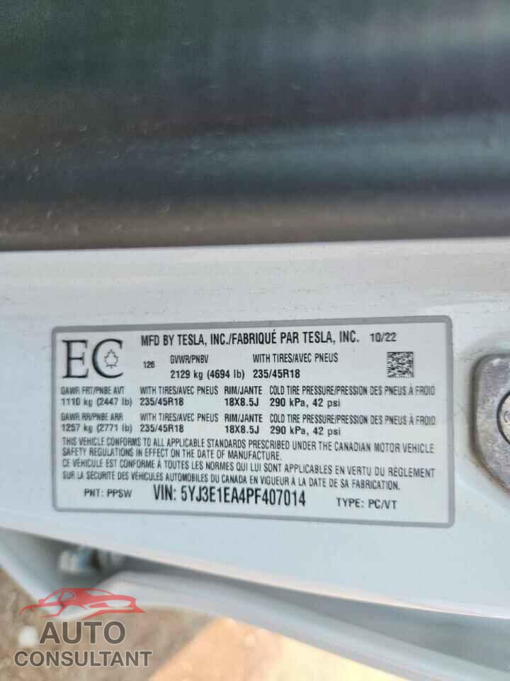 TESLA MODEL 3 2023 - 5YJ3E1EA4PF407014