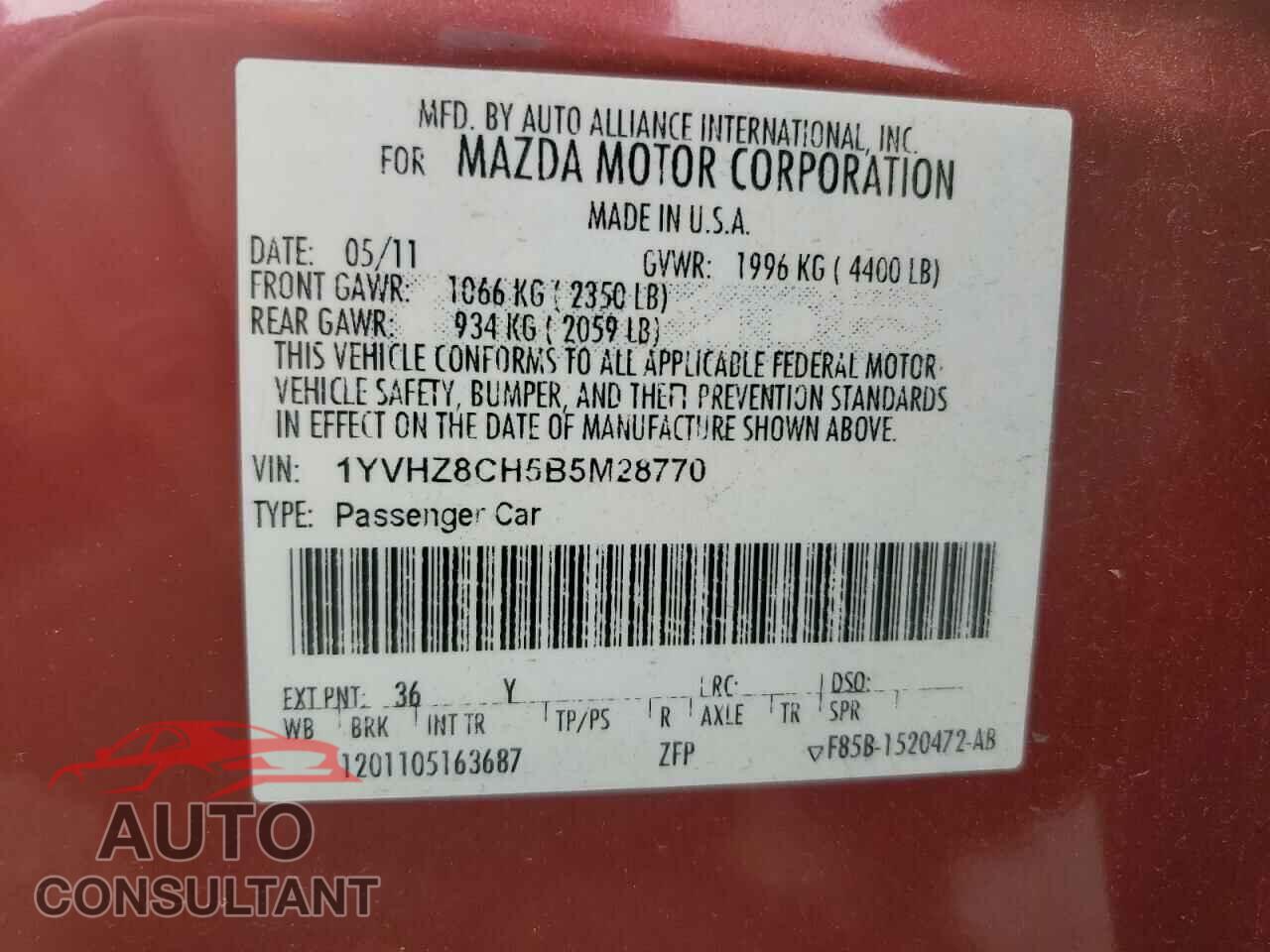 MAZDA 6 2011 - 1YVHZ8CH5B5M28770