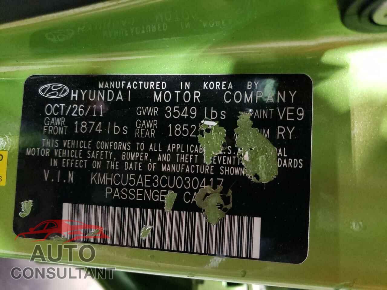 HYUNDAI ACCENT 2012 - KMHCU5AE3CU030417