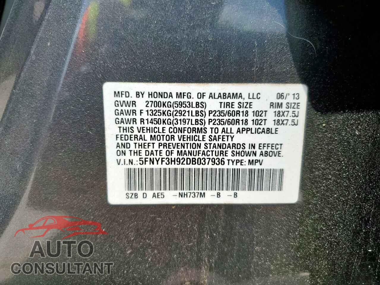 HONDA PILOT 2013 - 5FNYF3H92DB037936