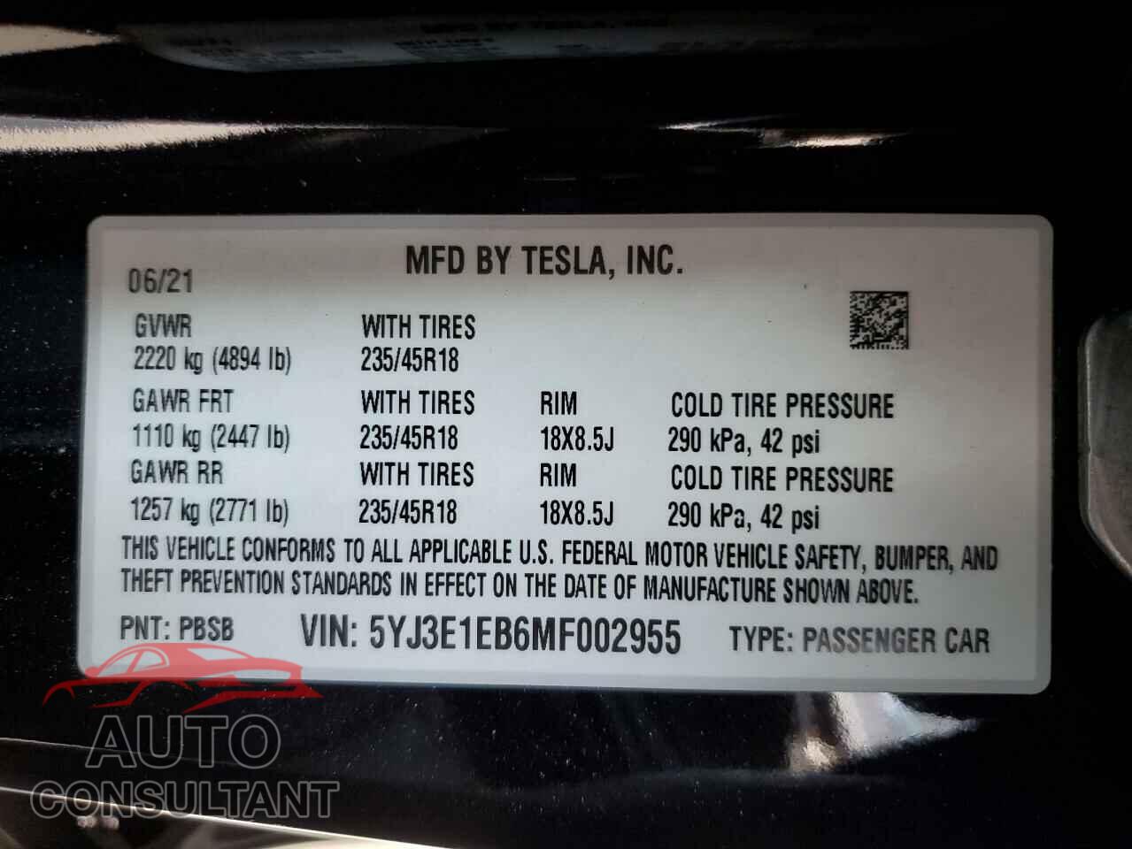 TESLA MODEL 3 2021 - 5YJ3E1EB6MF002955