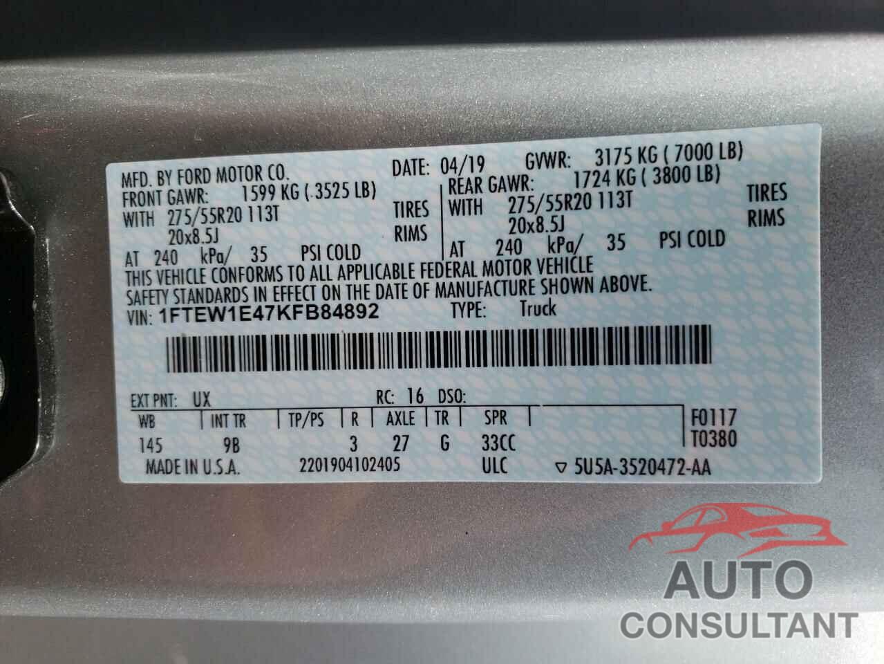 FORD F-150 2019 - 1FTEW1E47KFB84892