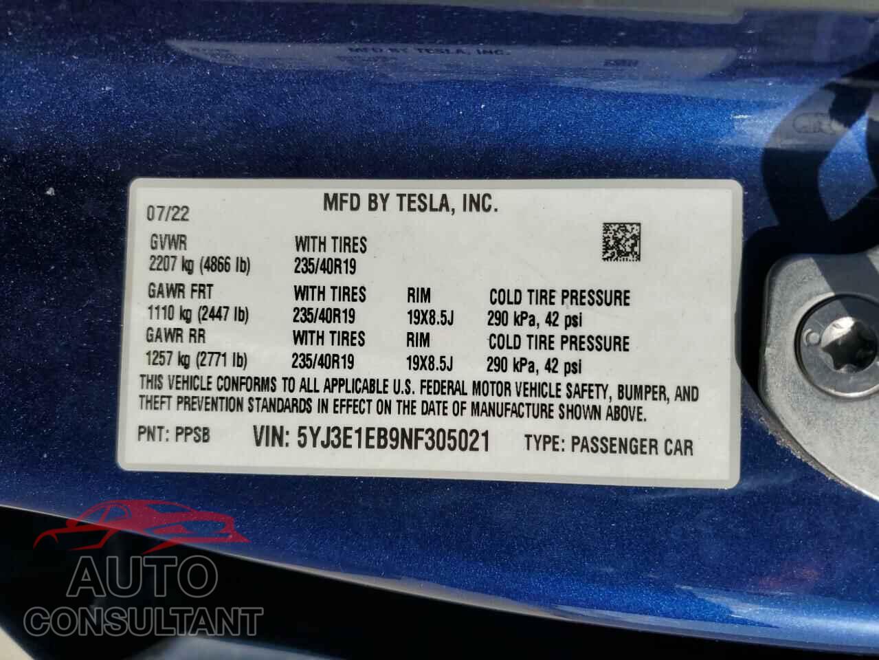 TESLA MODEL 3 2022 - 5YJ3E1EB9NF305021