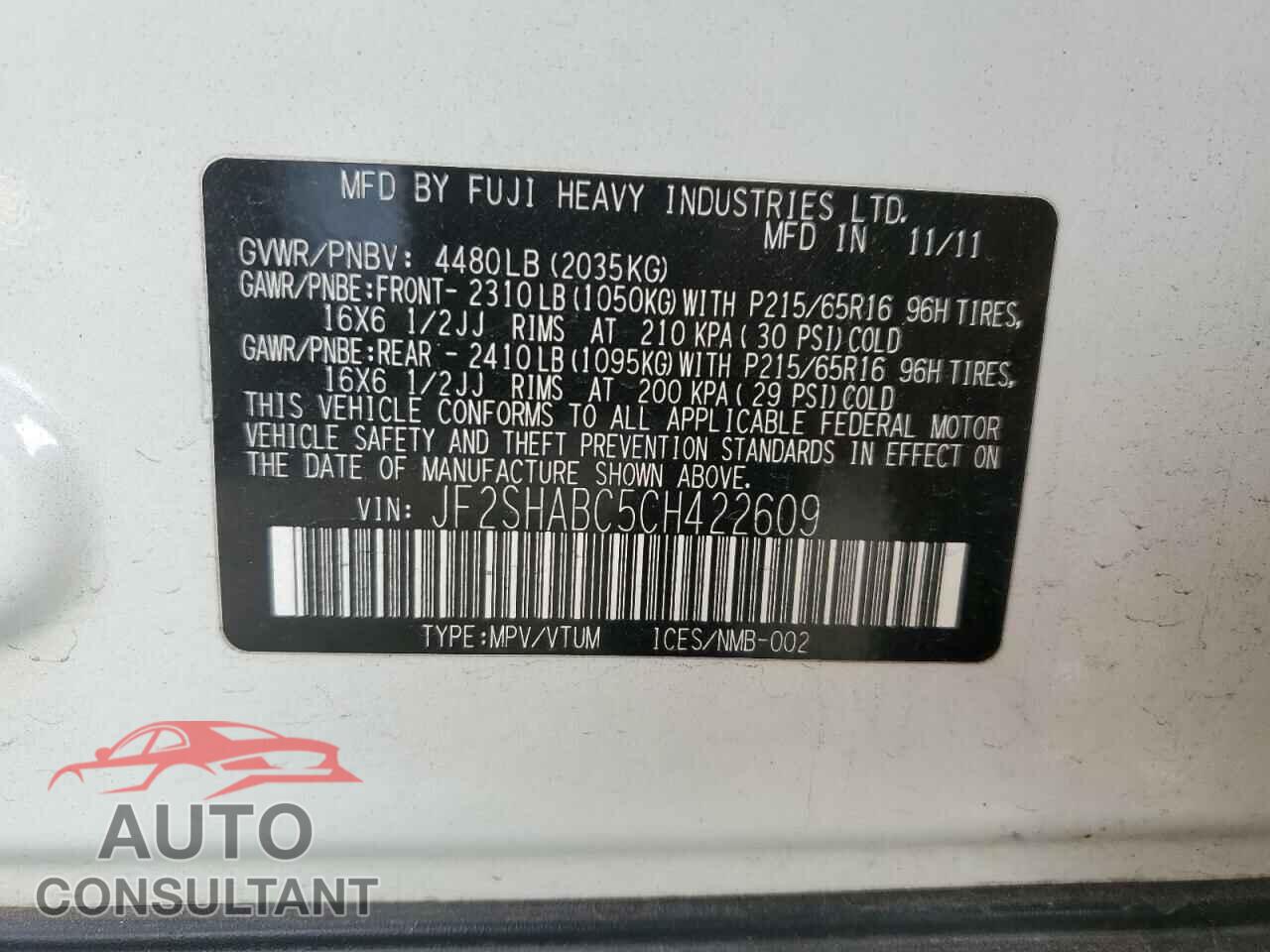 SUBARU FORESTER 2012 - JF2SHABC5CH422609