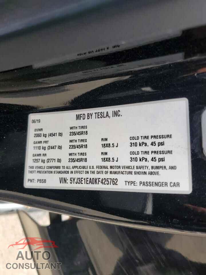 TESLA MODEL 3 2019 - 5YJ3E1EA0KF425762