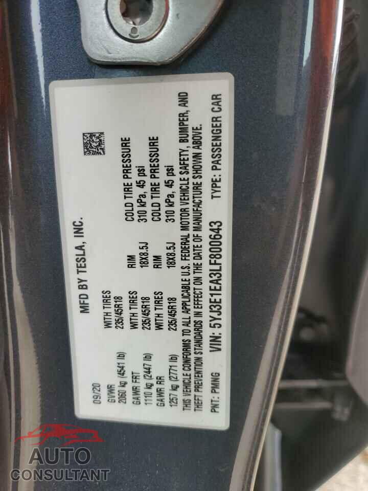 TESLA MODEL 3 2020 - 5YJ3E1EA3LF800643