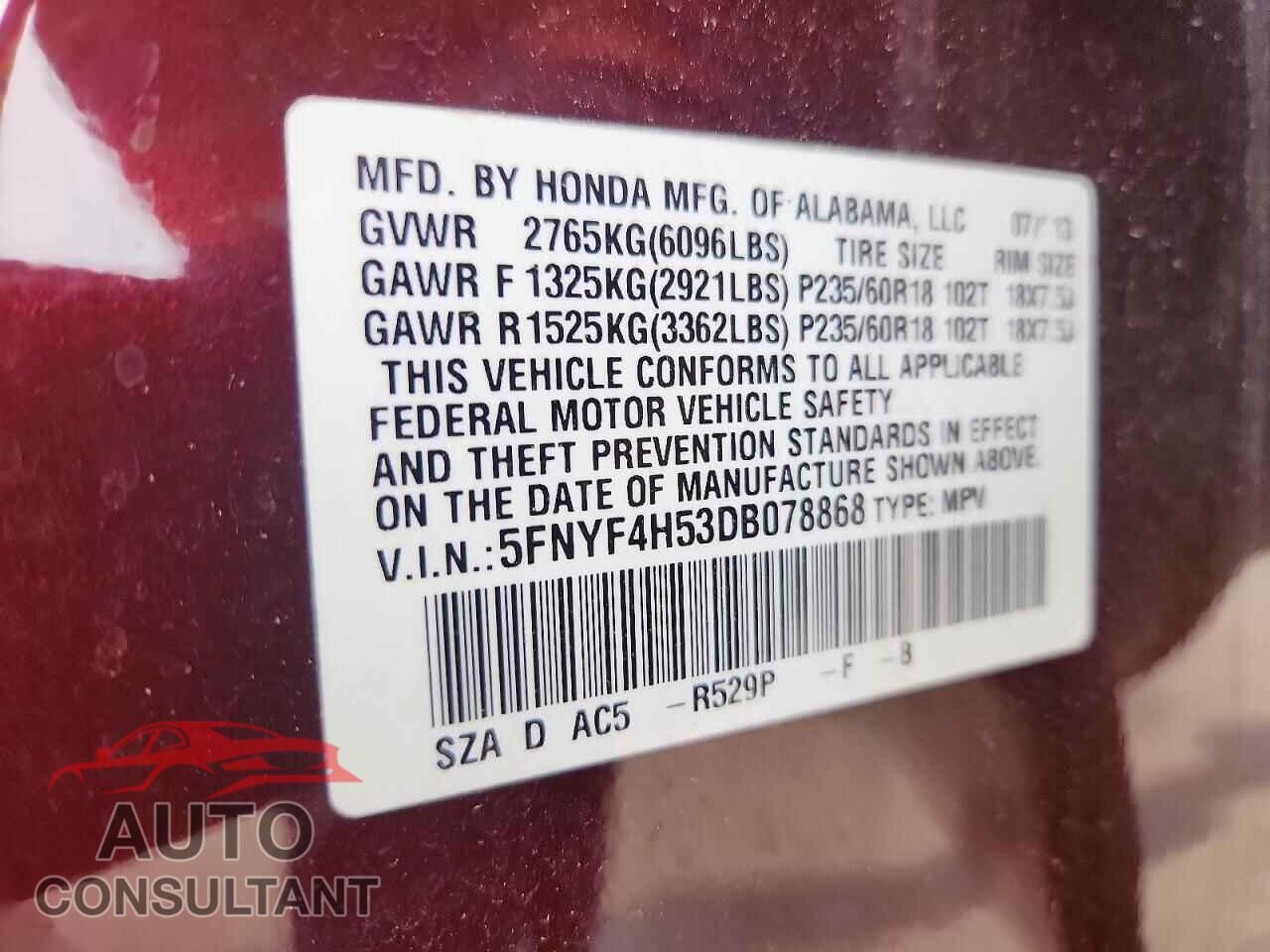 HONDA PILOT 2013 - 5FNYF4H53DB078868