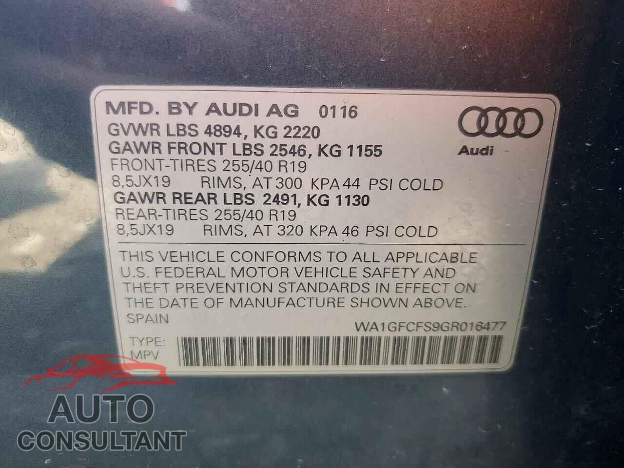 AUDI Q3 2016 - WA1GFCFS9GR016477