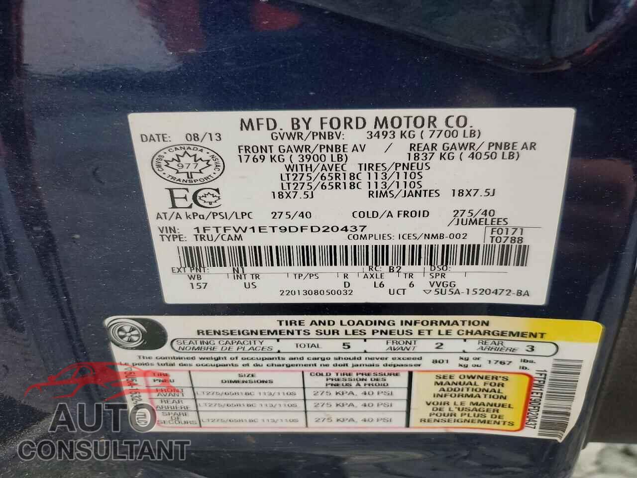 FORD F150 2013 - 1FTFW1ET9DFD20437