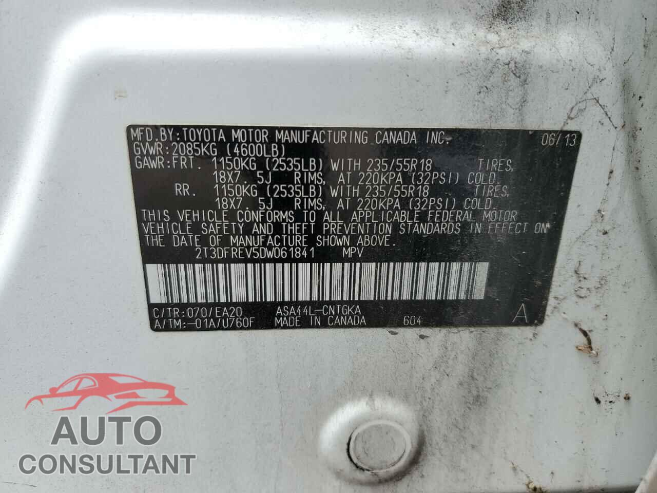 TOYOTA RAV4 2013 - 2T3DFREV5DW061841