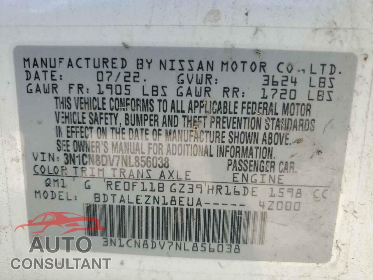NISSAN VERSA 2022 - 3N1CN8DV7NL856038