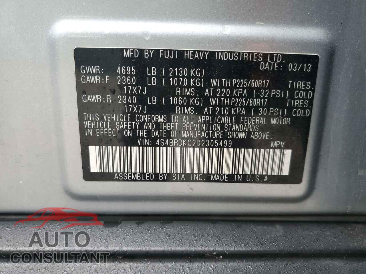 SUBARU OUTBACK 2013 - 4S4BRDKC2D2305499