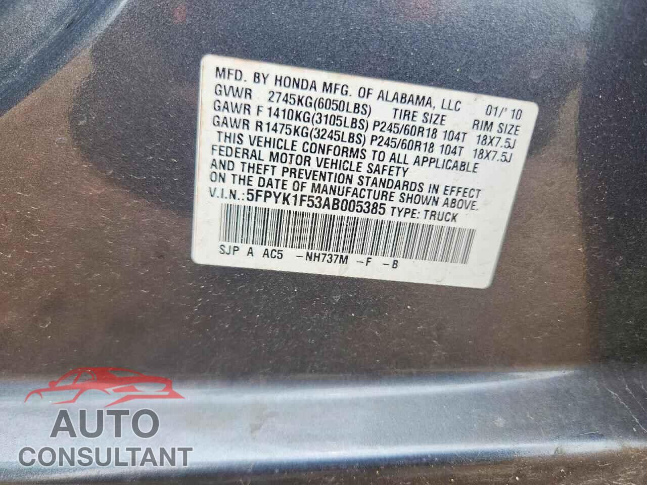 HONDA RIDGELINE 2010 - 5FPYK1F53AB005385