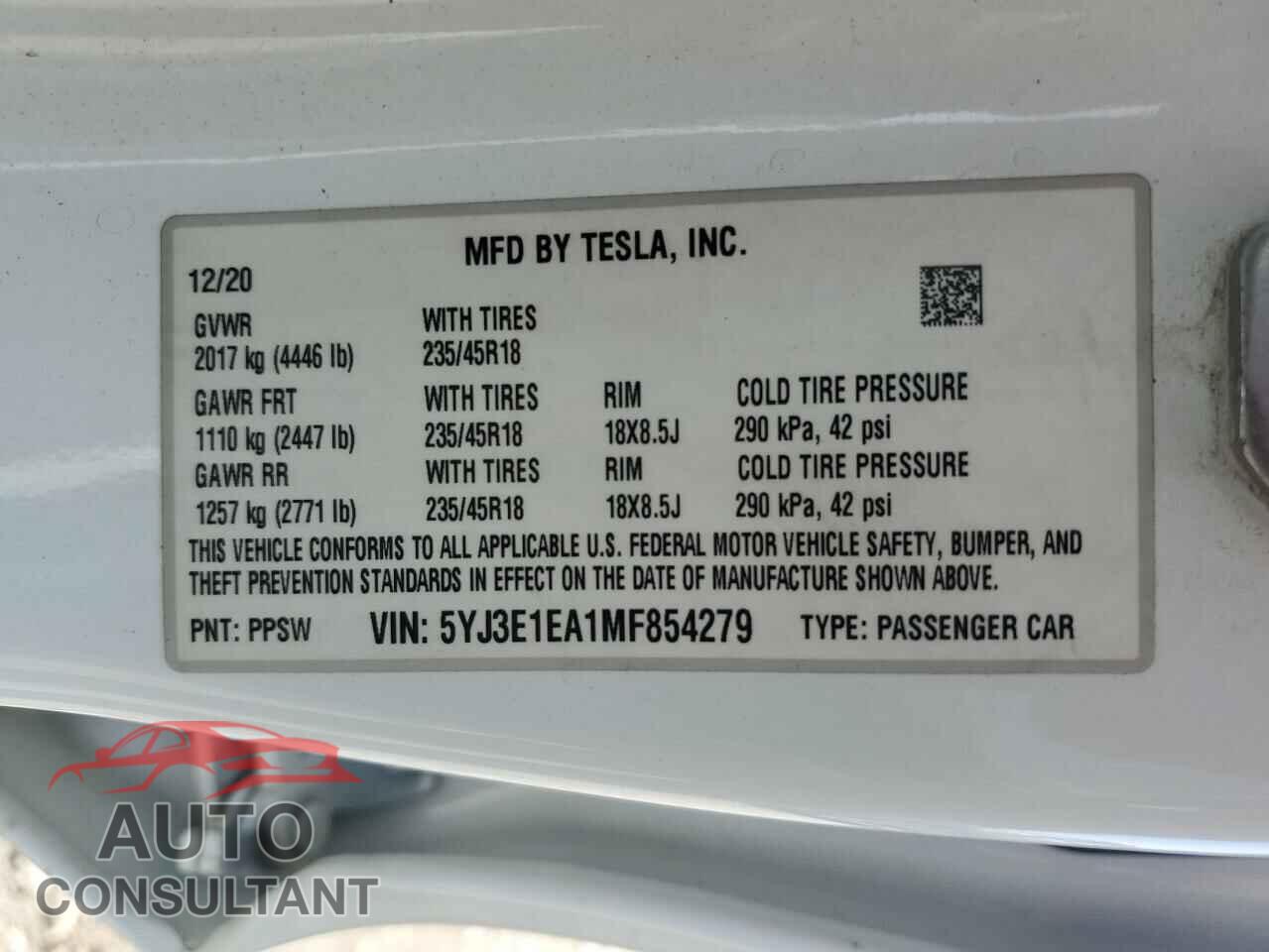 TESLA MODEL 3 2021 - 5YJ3E1EA1MF854279