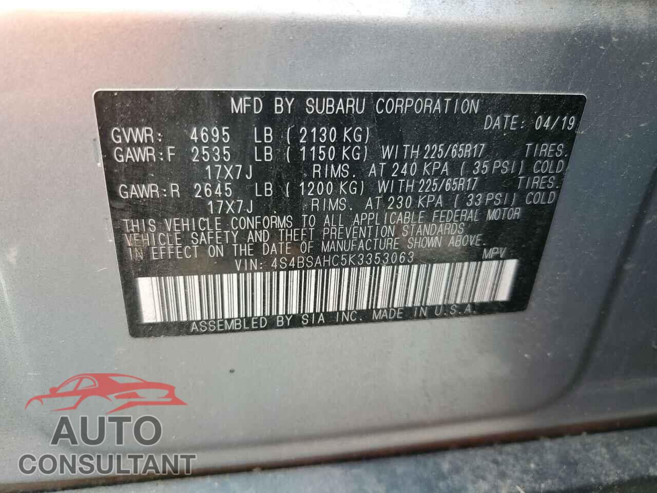 SUBARU OUTBACK 2019 - 4S4BSAHC5K3353063
