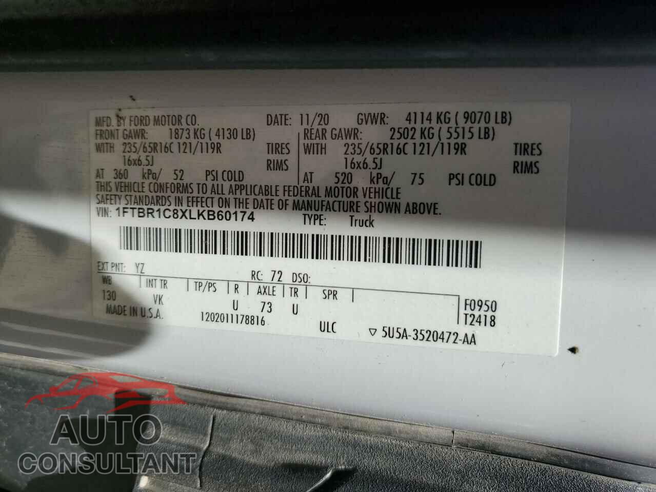 FORD TRANSIT 2020 - 1FTBR1C8XLKB60174