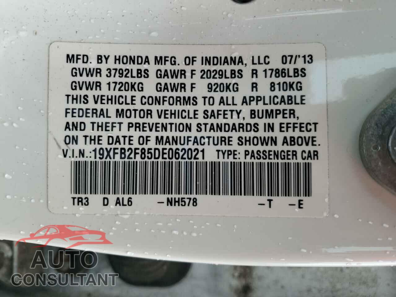 HONDA CIVIC 2013 - 19XFB2F85DE062021