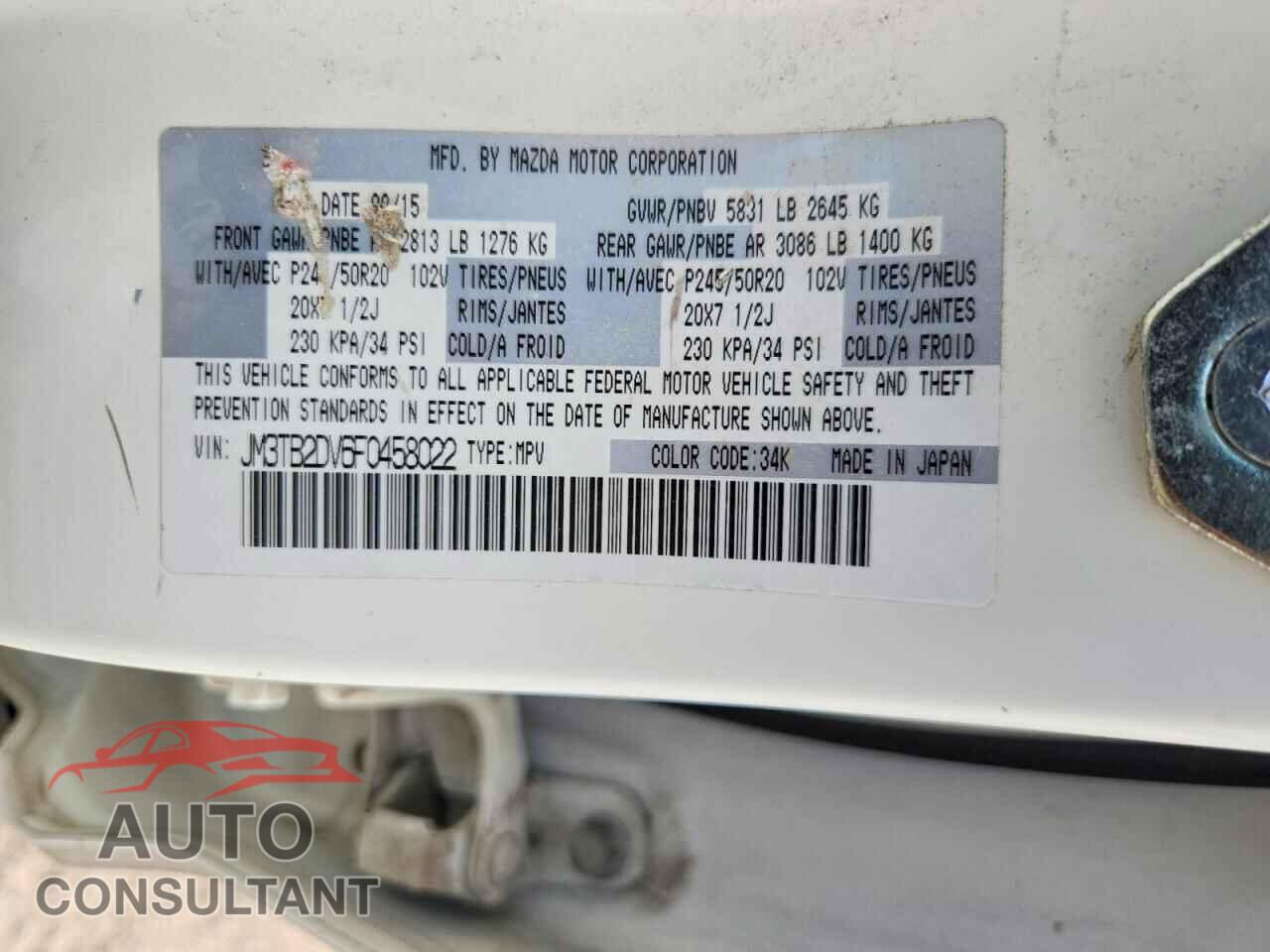 MAZDA CX-9 2015 - JM3TB2DV6F0458022