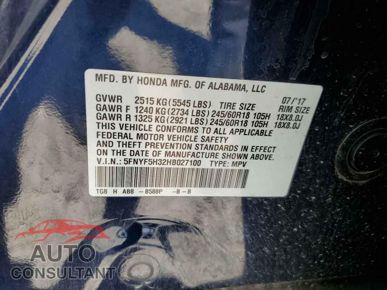 HONDA PILOT 2017 - 5FNYF5H32HB027100