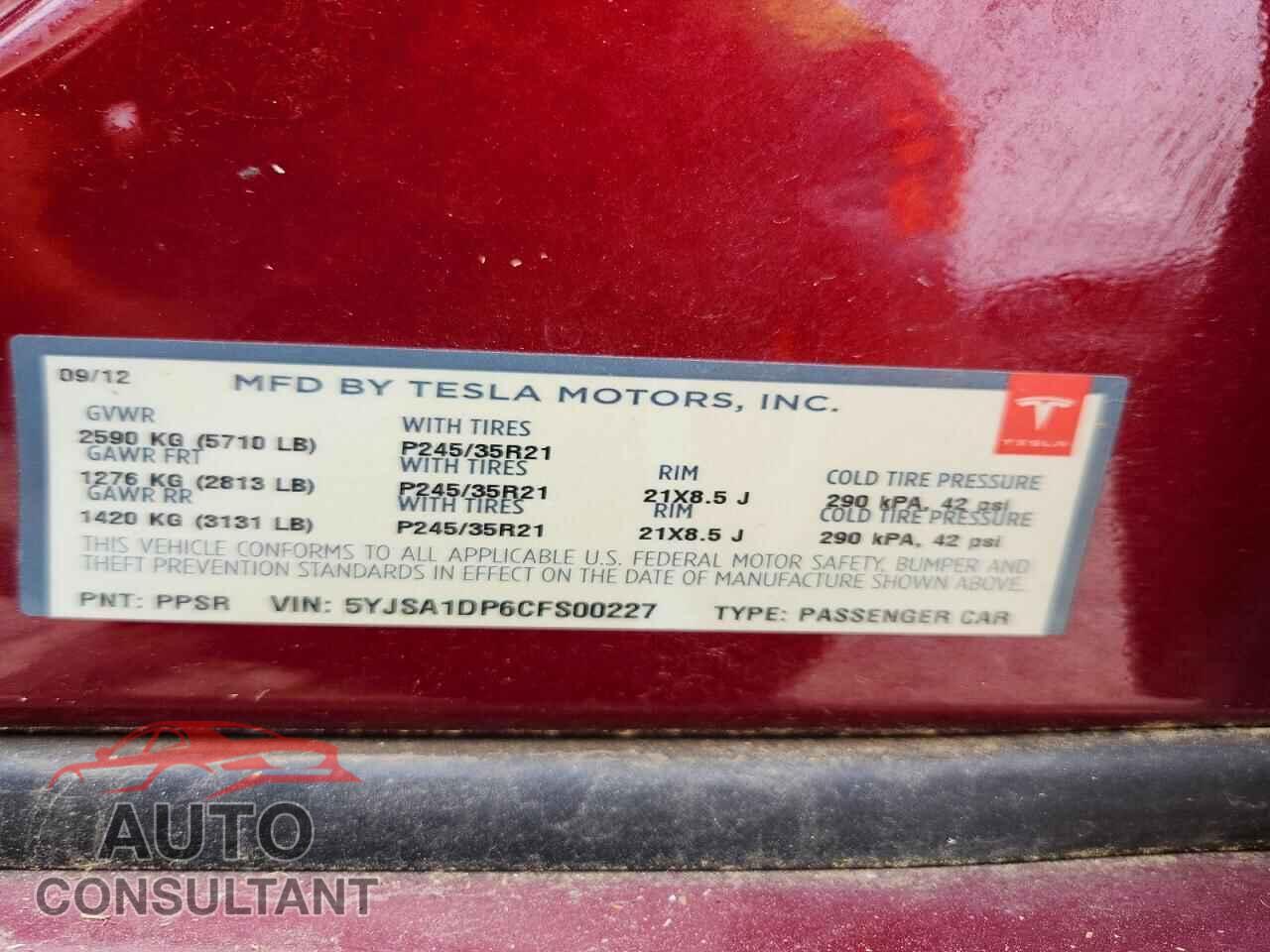 TESLA MODEL S 2012 - 5YJSA1DP6CFS00227