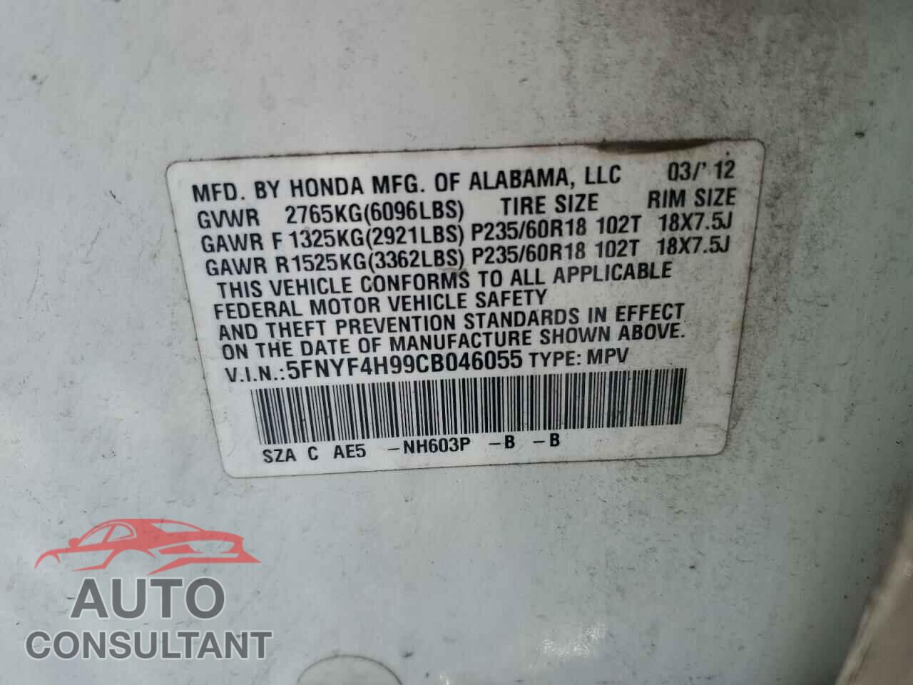 HONDA PILOT 2012 - 5FNYF4H99CB046055