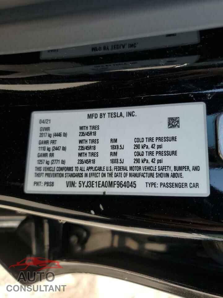 TESLA MODEL 3 2021 - 5YJ3E1EA0MF964045
