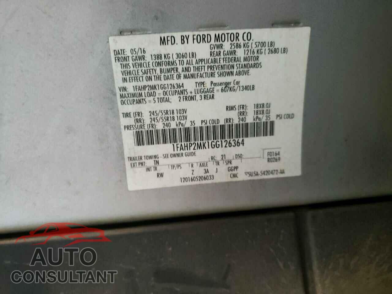 FORD TAURUS 2016 - 1FAHP2MK1GG126364