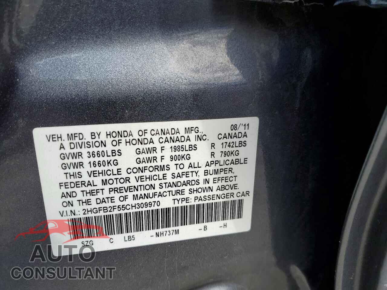 HONDA CIVIC 2012 - 2HGFB2F55CH309970