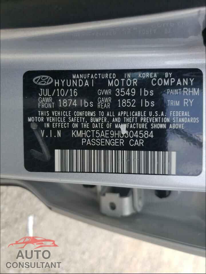HYUNDAI ACCENT 2017 - KMHCT5AE9HU304584