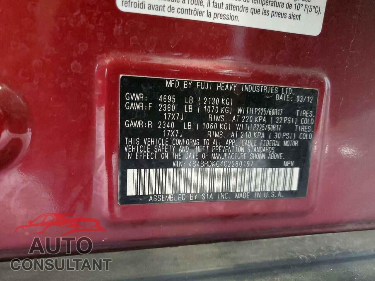 SUBARU OUTBACK 2012 - 4S4BRDKC4C2280197