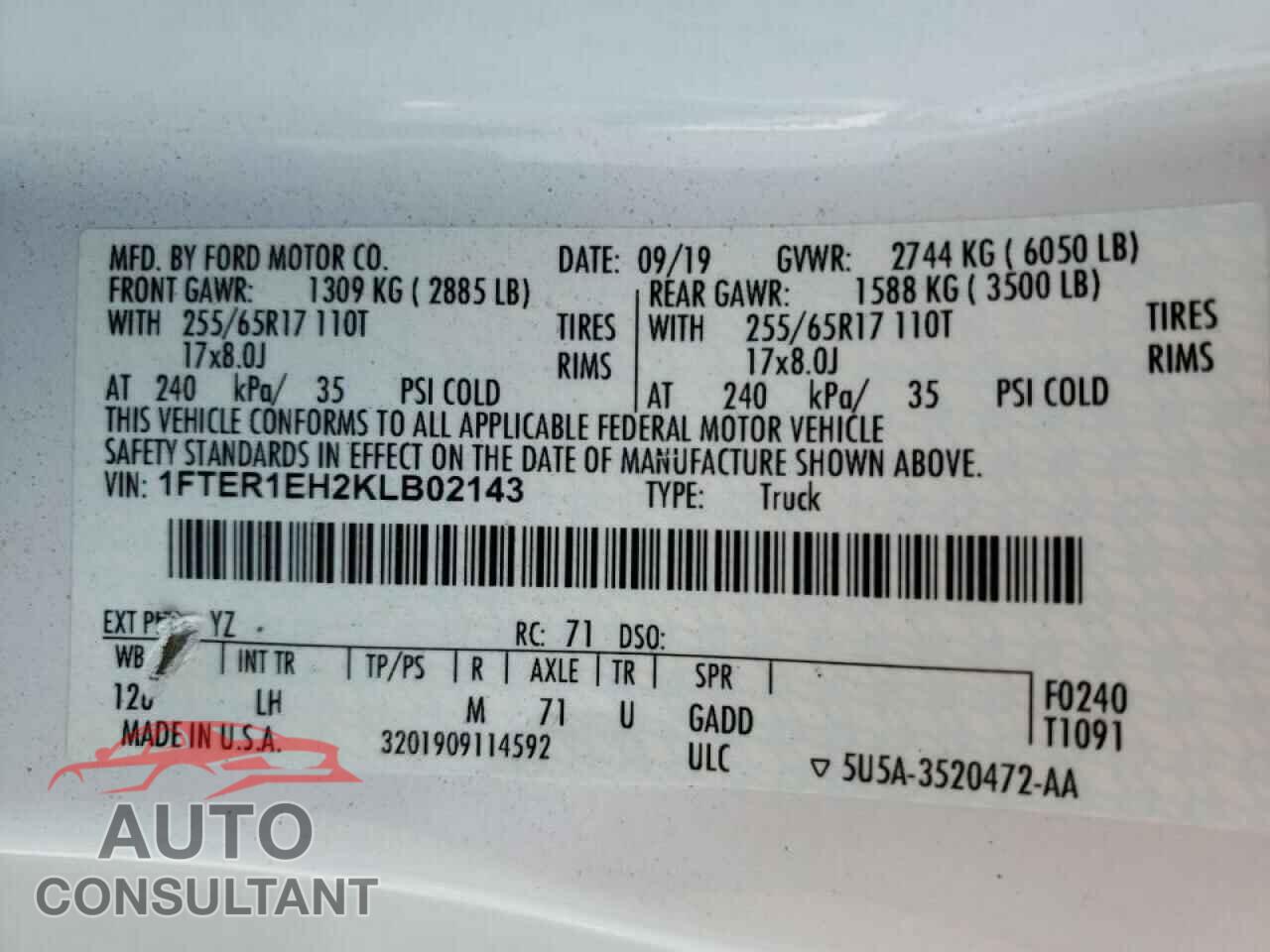 FORD RANGER 2019 - 1FTER1EH2KLB02143