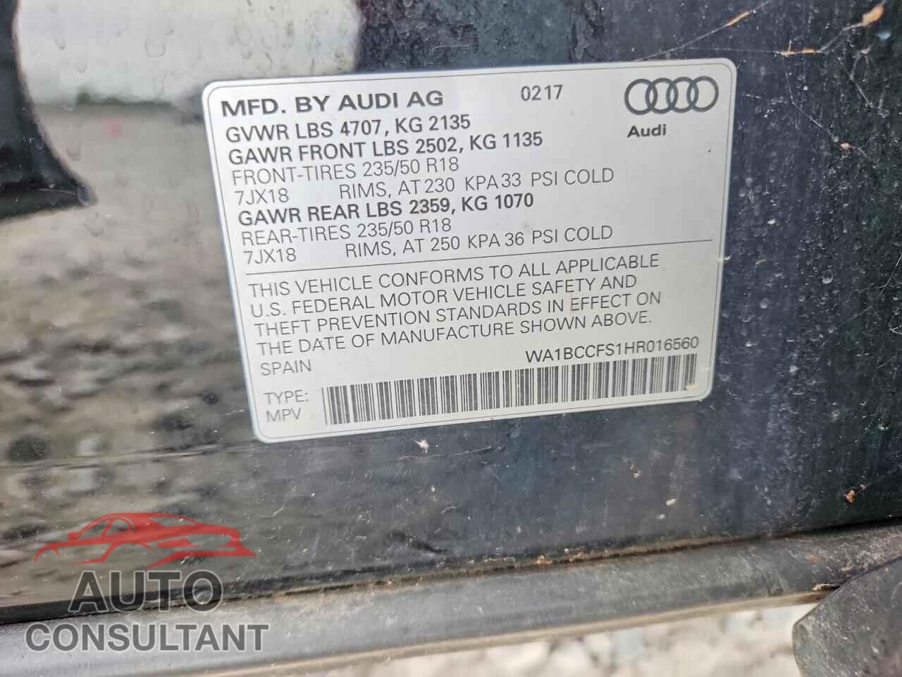 AUDI Q3 2017 - WA1BCCFS1HR016560