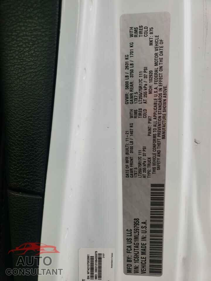 JEEP GLADIATOR 2021 - 1C6HJTAG1ML597958