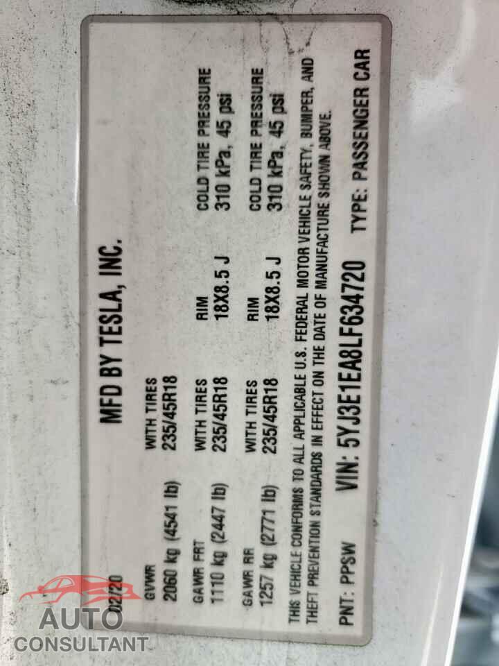 TESLA MODEL 3 2020 - 5YJ3E1EA8LF634720