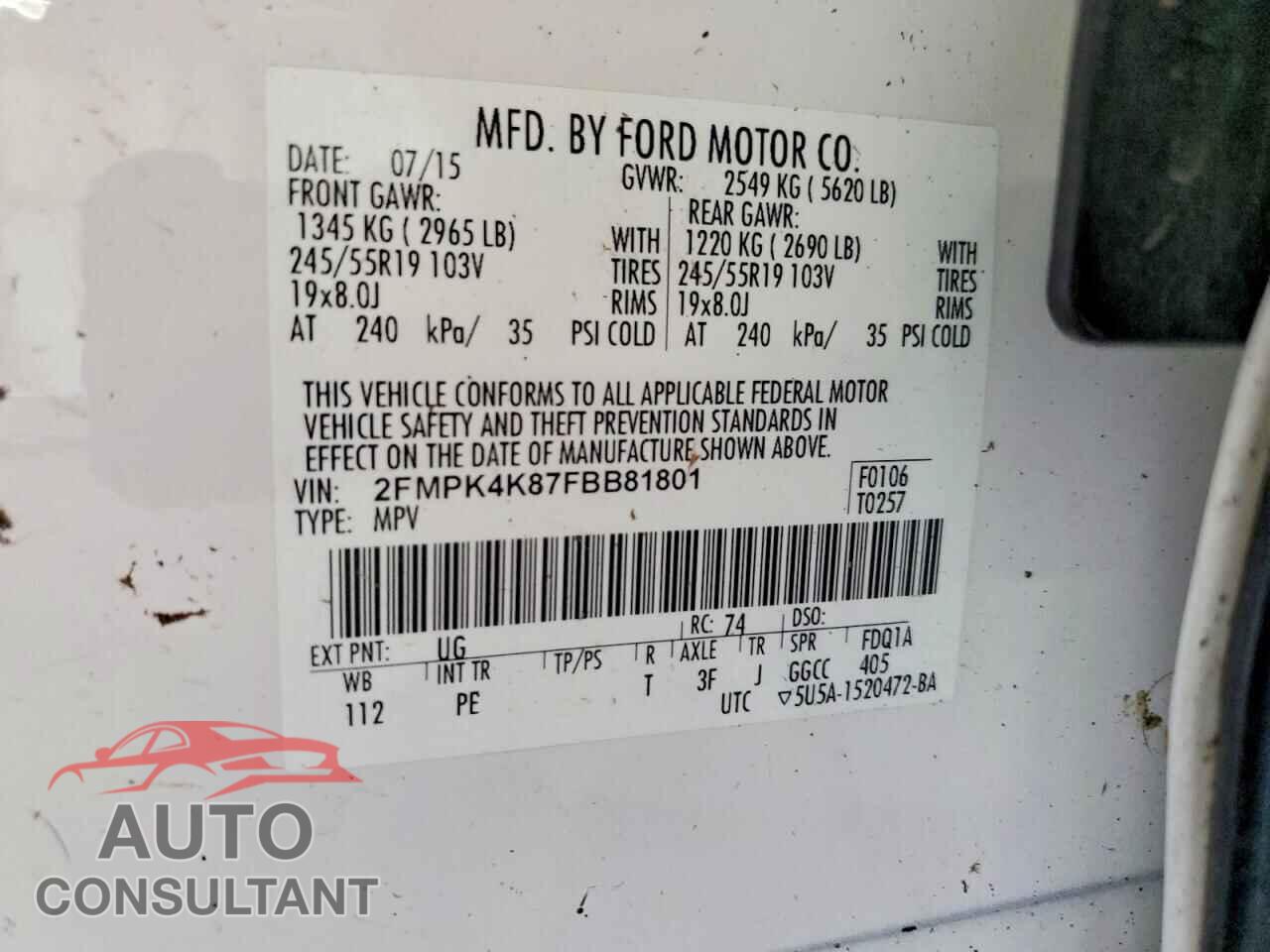 FORD EDGE 2015 - 2FMPK4K87FBB81801