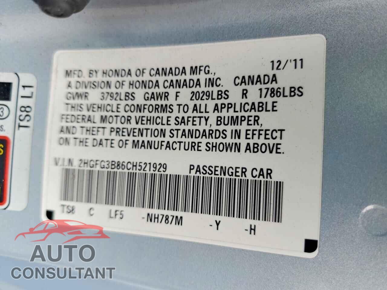HONDA CIVIC 2012 - 2HGFG3B86CH521929