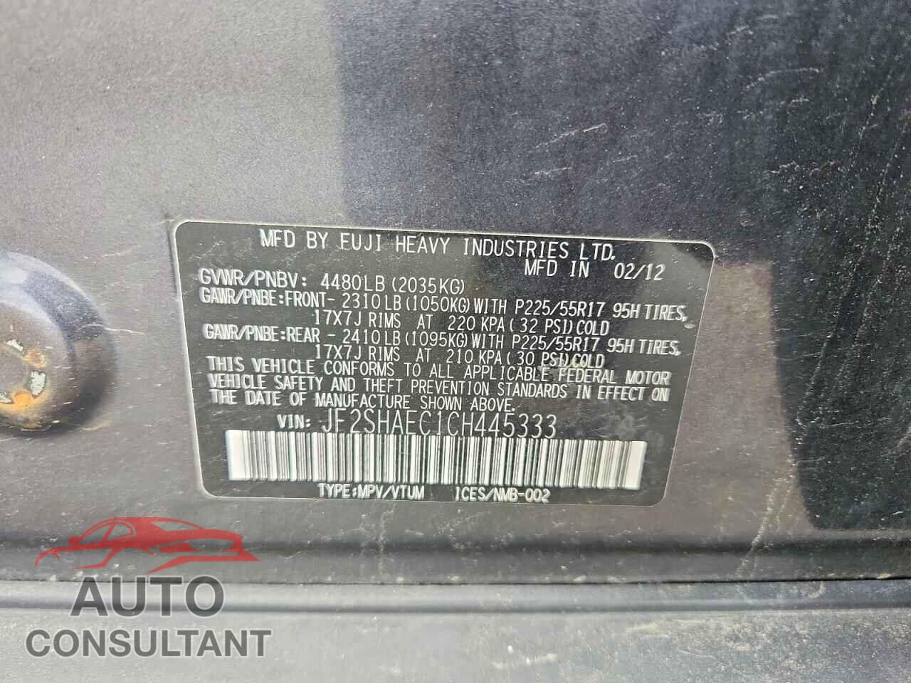 SUBARU FORESTER 2012 - JF2SHAEC1CH445333