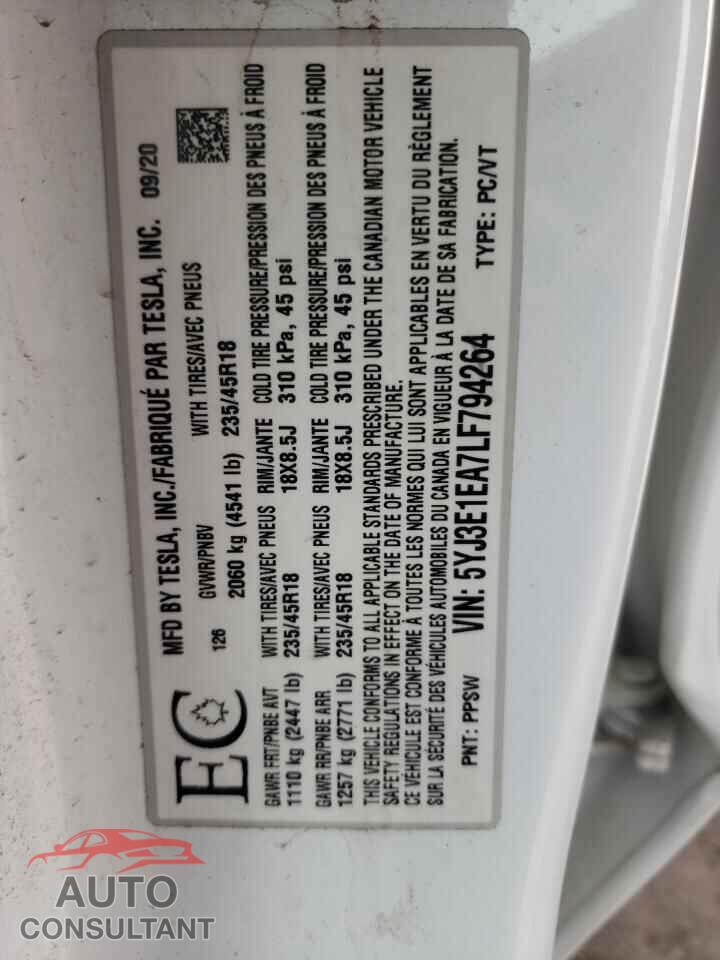 TESLA MODEL 3 2020 - 5YJ3E1EA7LF794264