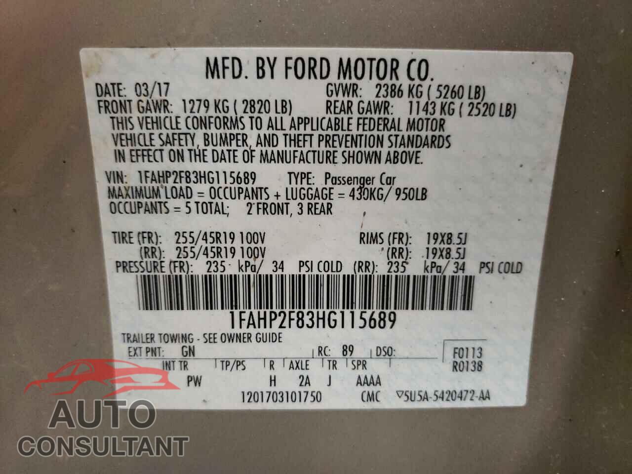 FORD TAURUS 2017 - 1FAHP2F83HG115689