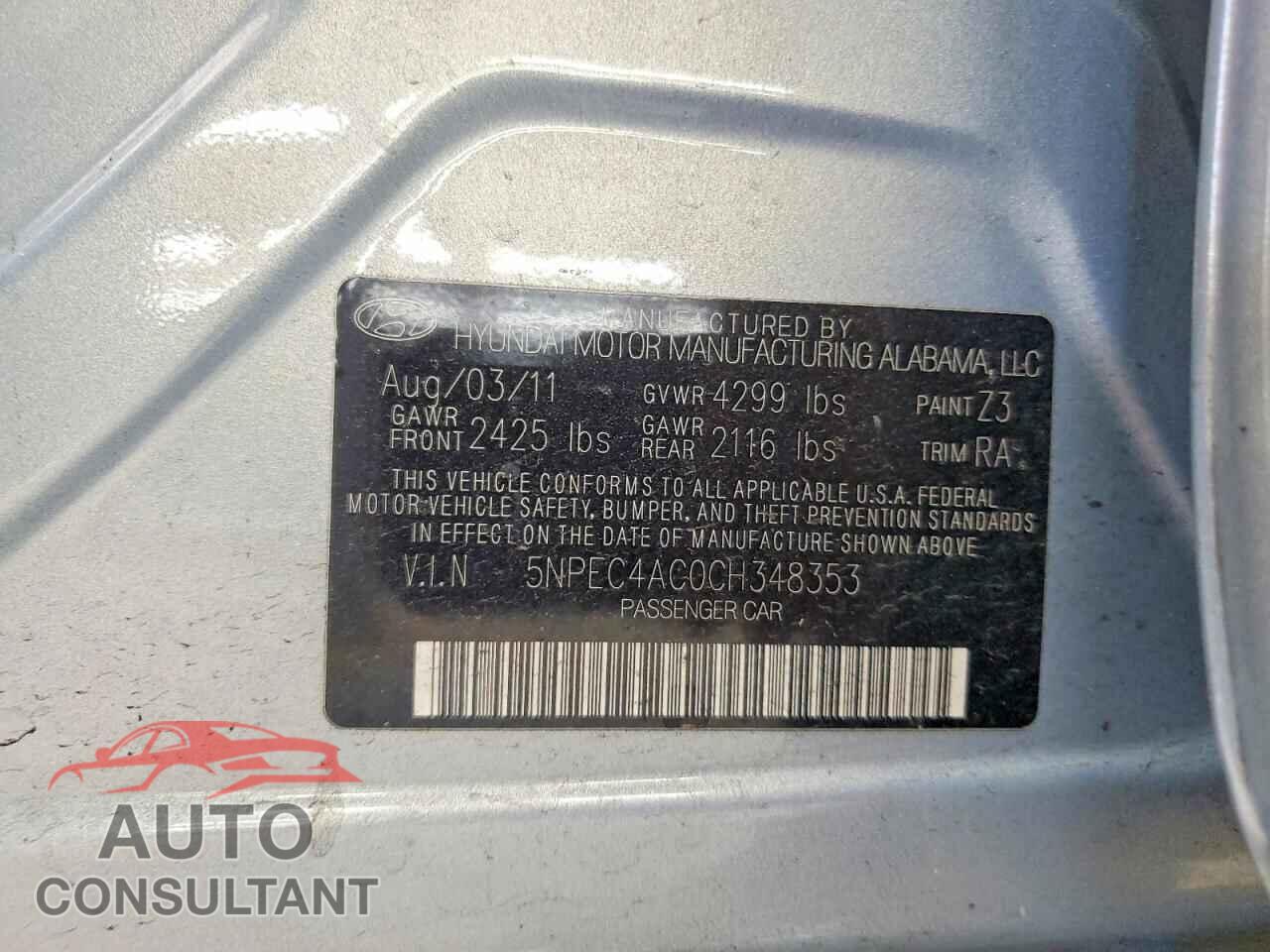 HYUNDAI SONATA 2012 - 5NPEC4AC0CH348353