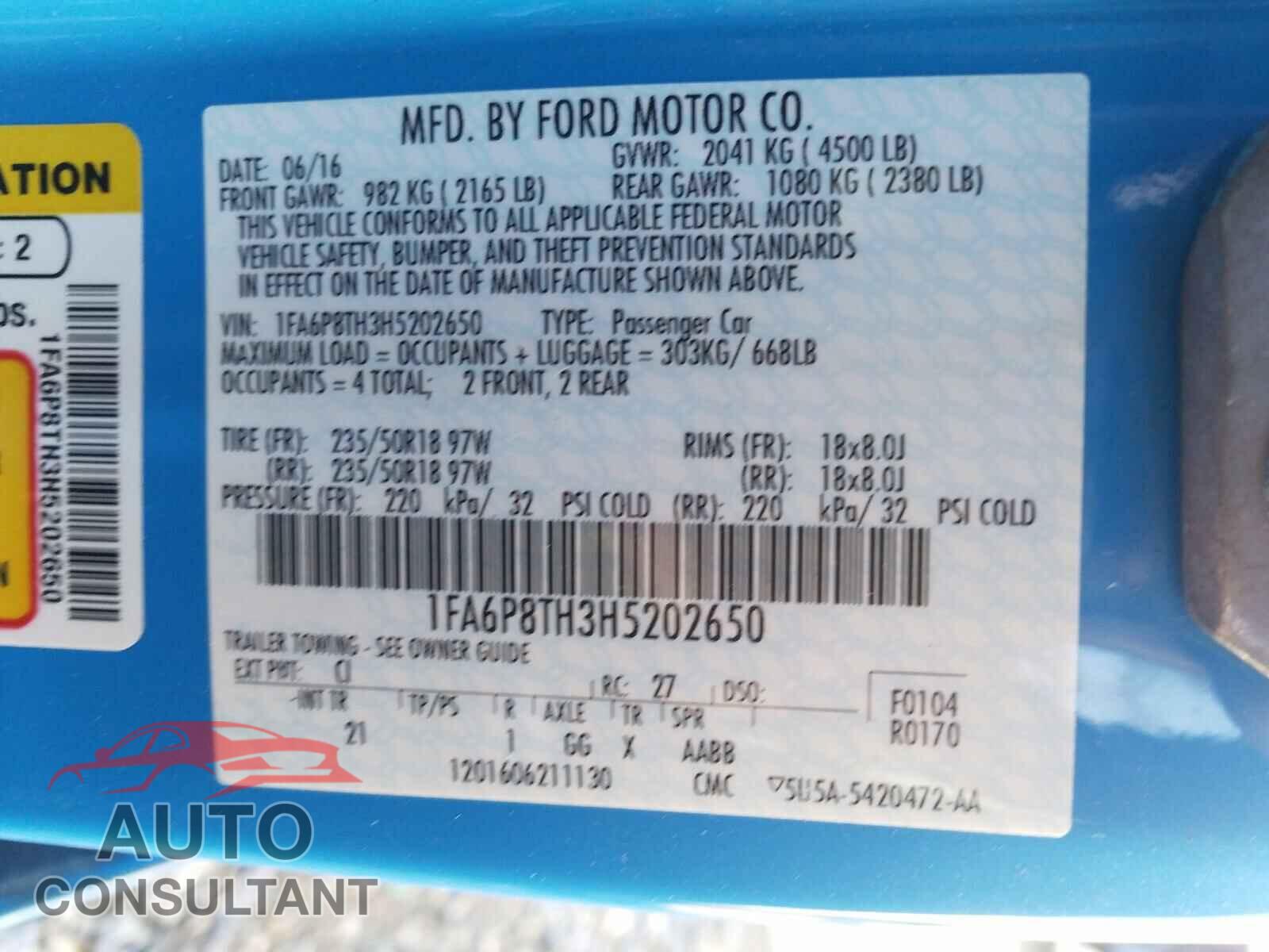 FORD MUSTANG 2017 - 1FA6P8TH3H5202650