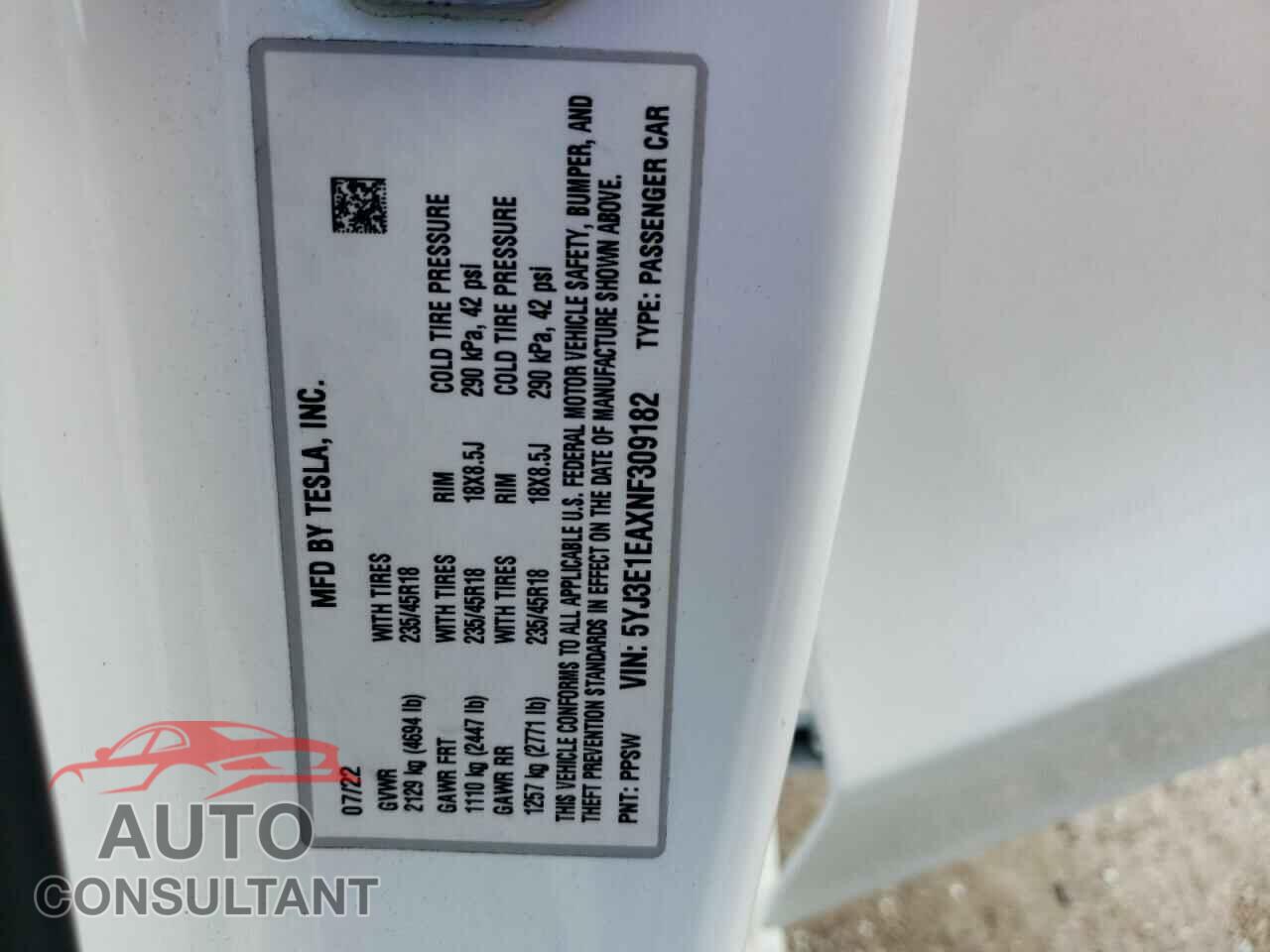 TESLA MODEL 3 2022 - 5YJ3E1EAXNF309182