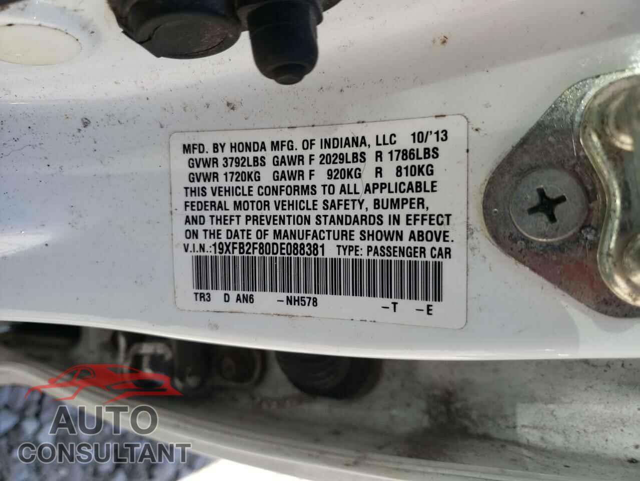 HONDA CIVIC 2013 - 19XFB2F80DE088381