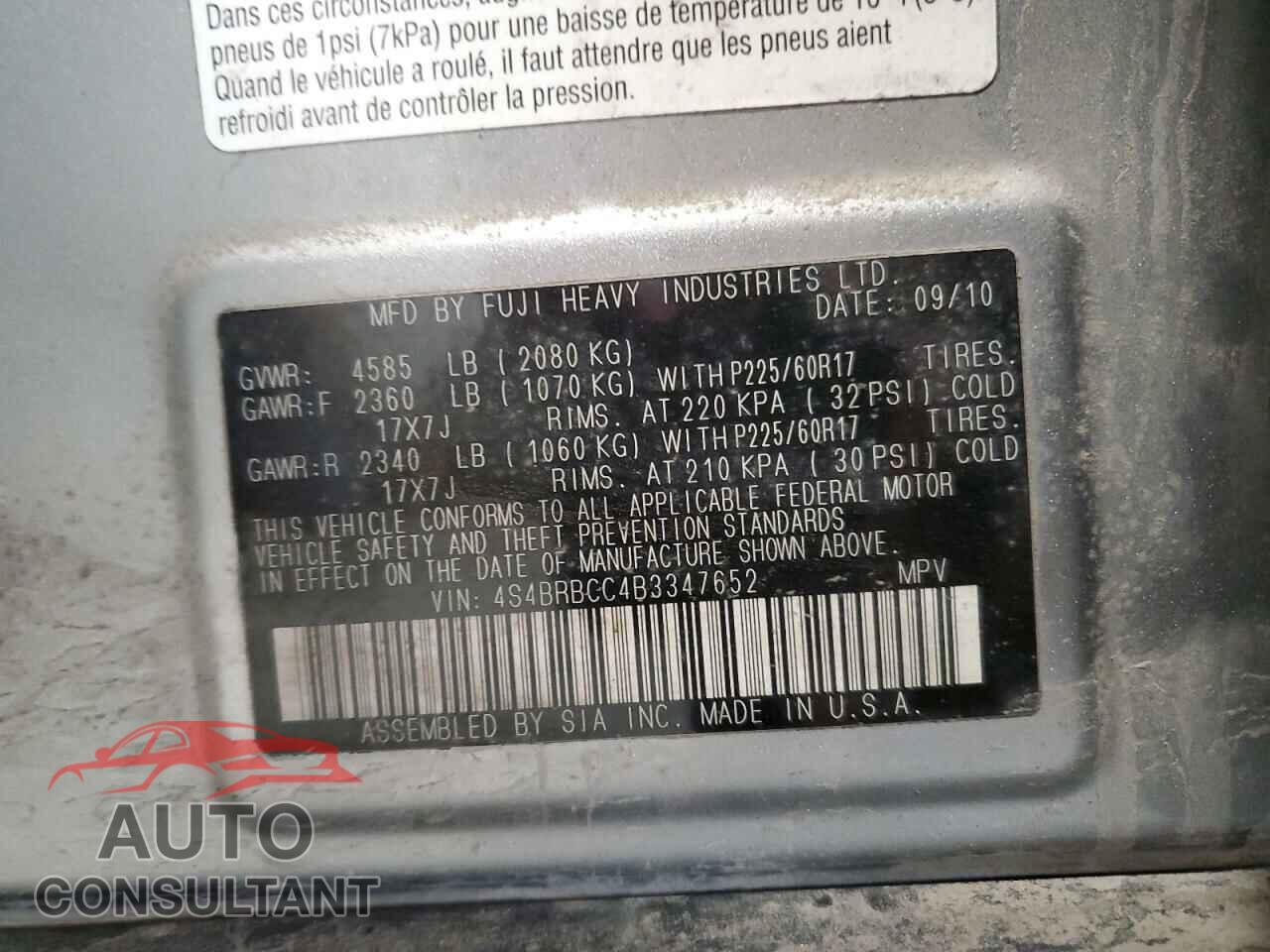SUBARU OUTBACK 2011 - 4S4BRBCC4B3347652